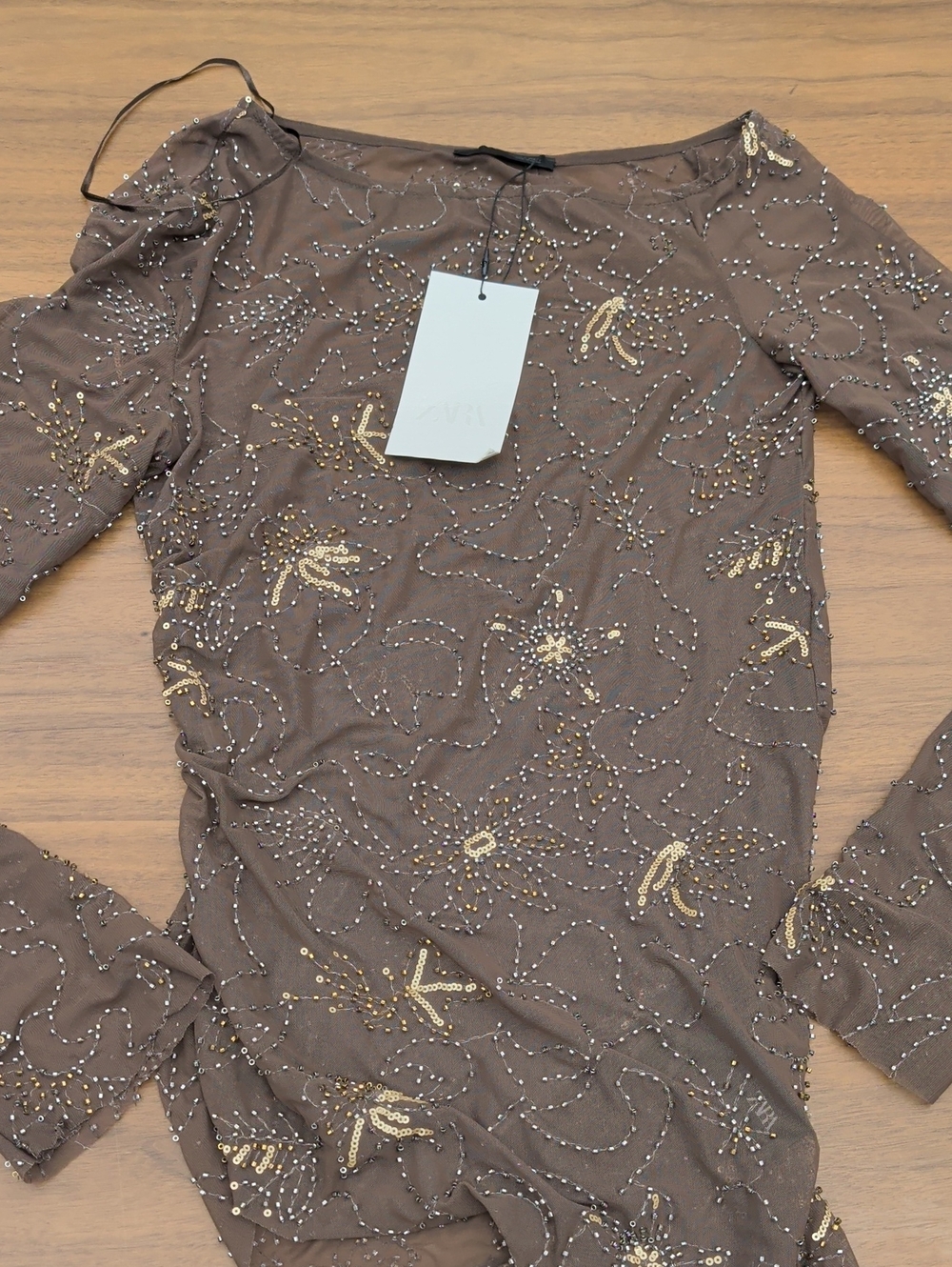 Zara Brown Sheer Beaded Long-Sleeve Top with Gold Embellishment